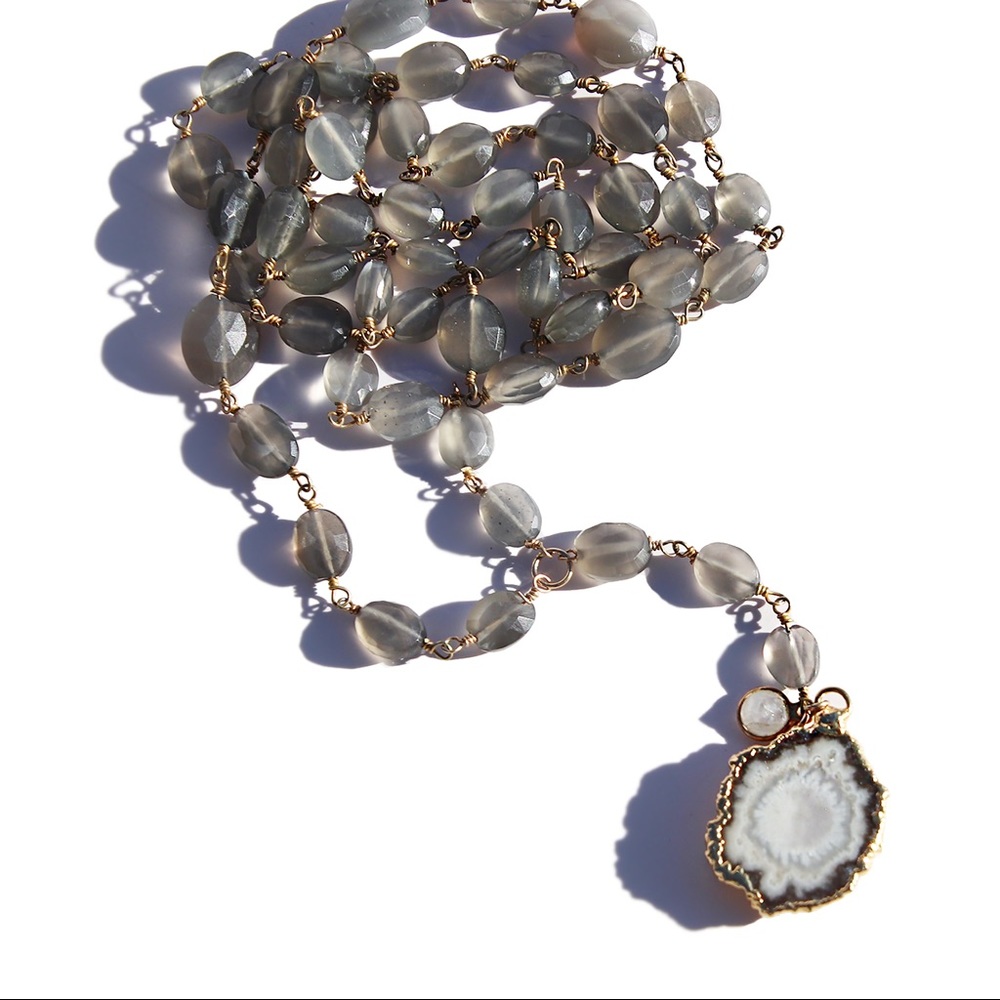 Smoky Quartz & Polished Grey Druzy Pendant Rosary Necklace